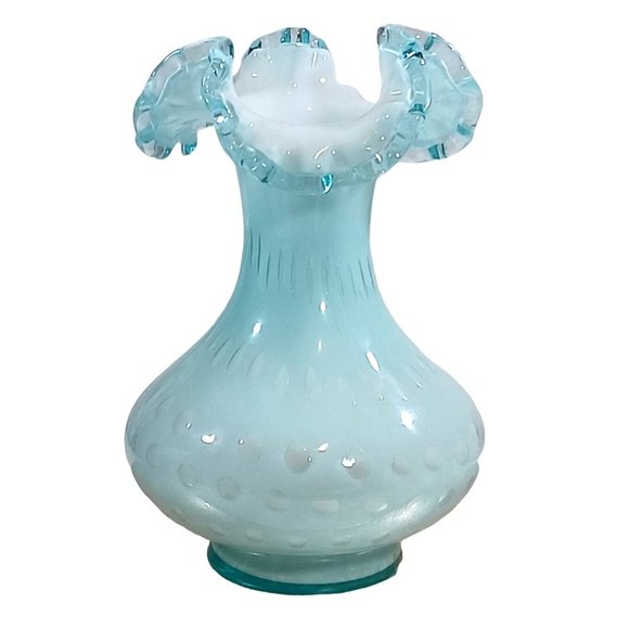 FENTON AQUA POWDER BLUE BUBBLE OPTIC FLUTED TOP CRESTED OVERLAY VASE RUFFLED - Picture 6 of 11